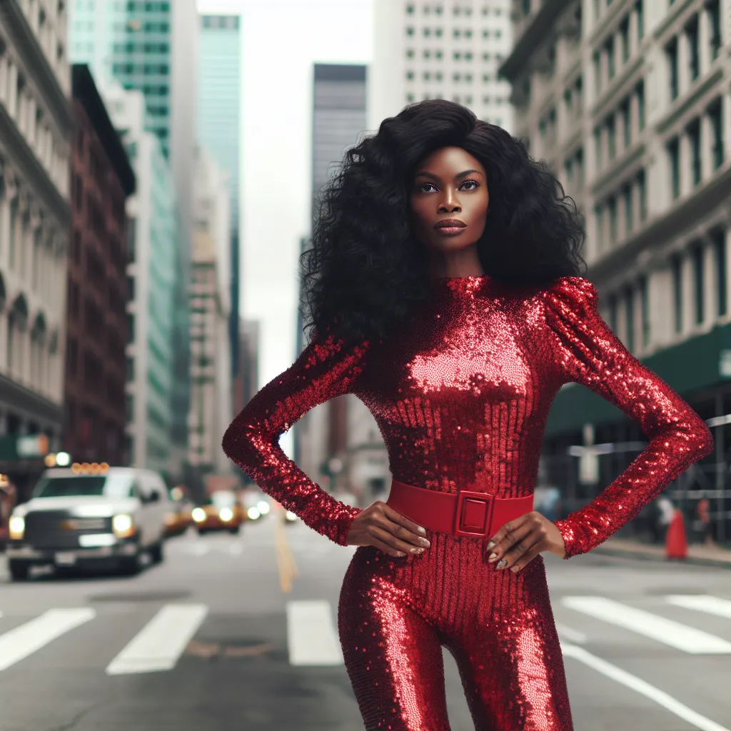 An image of a confident, proud, and determined woman named Lizzy, dressed in a bright red sequined bikini and long curly black hair, strutting down a city street with a sense of empowerment and fulfillment.