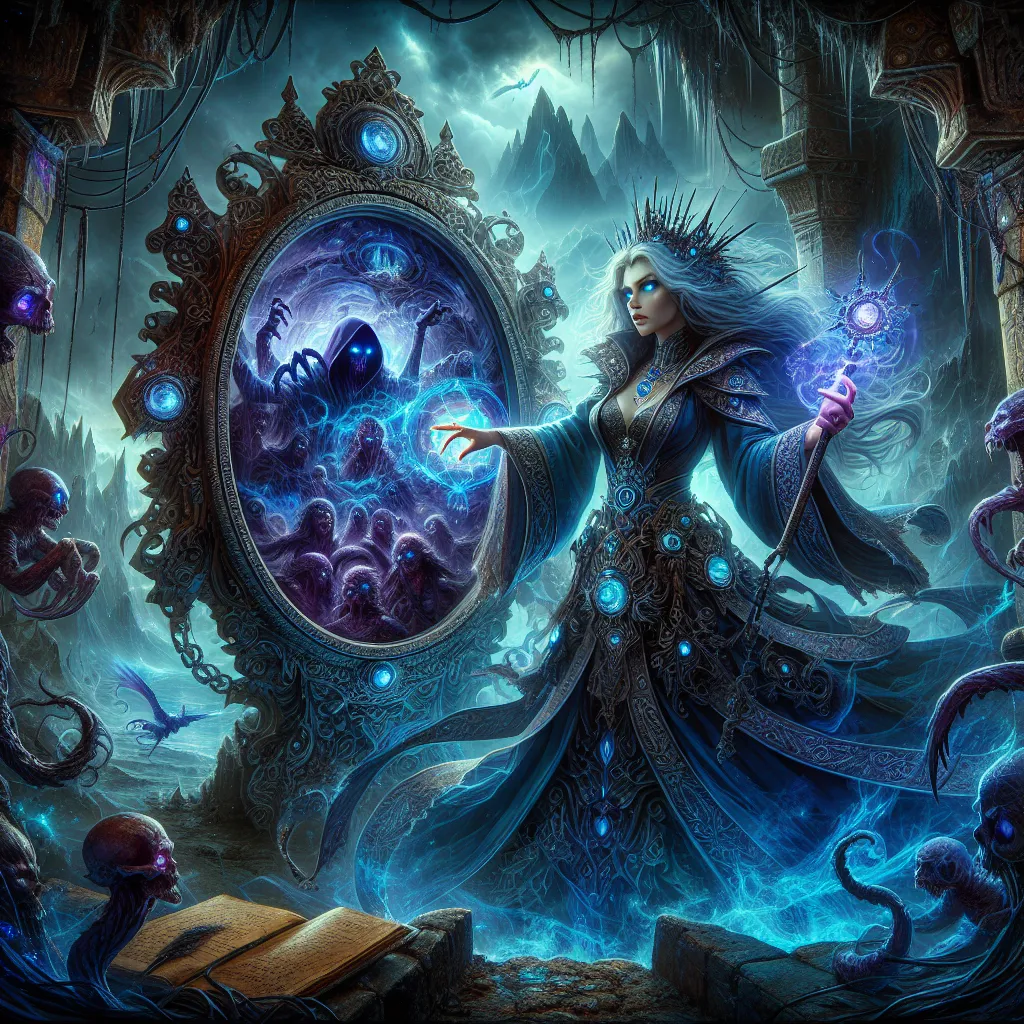 An intense fantasy story about a sorceress named Magik delving into dark dimensions and facing a horrifying vision in a mysterious mirror, leading to catastrophic consequences.