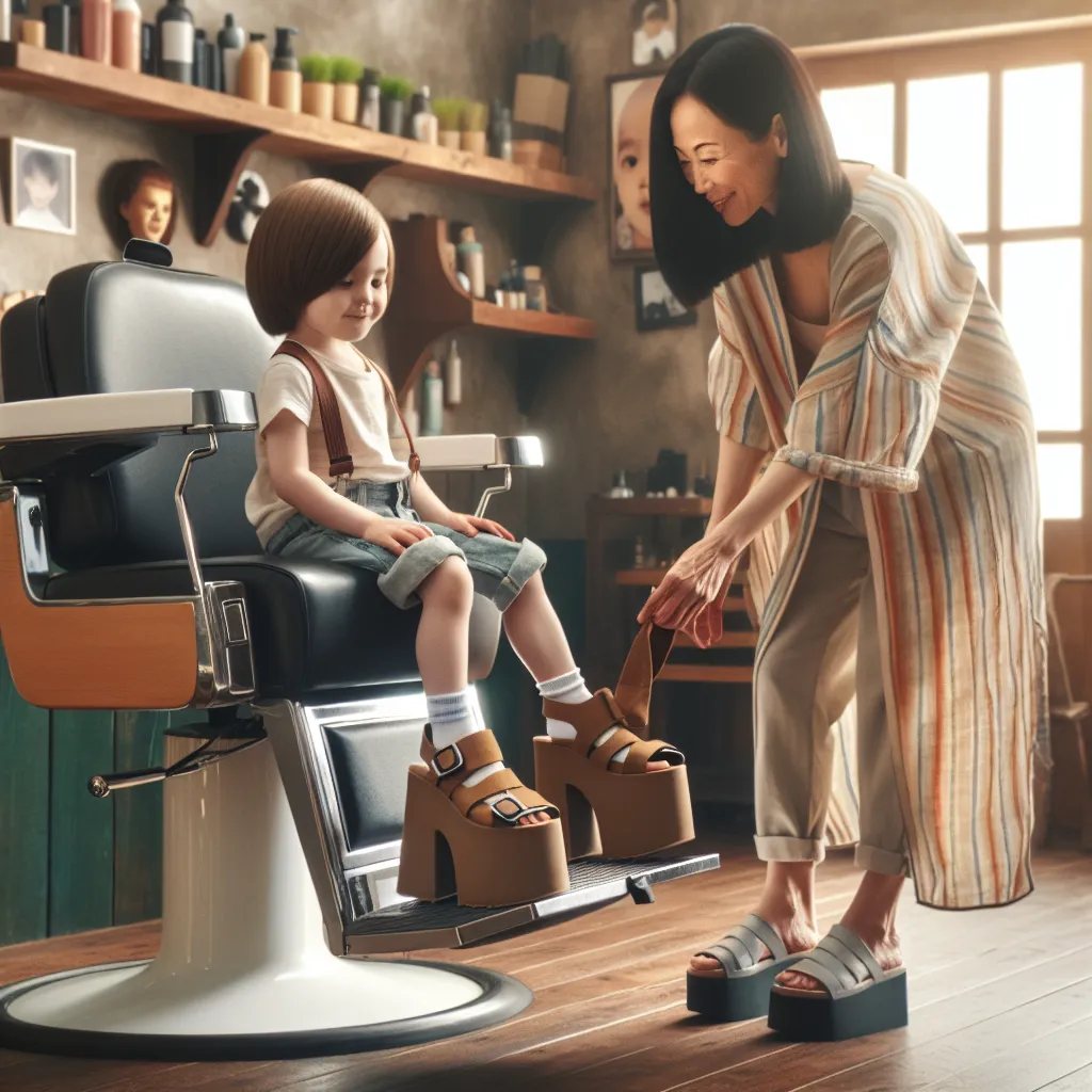 An image of a young boy in a barber chair, accompanied by his mother and a Korean woman named Ms. Kim. They are surrounded by a warm and inviting atmosphere in a hair salon. The boy is wearing the woman's platform sandals, while the woman holds the boy's shoes and socks. The image captures a moment of surprise and confusion as the boy's transformation into an older woman is depicted, with each part of his body aging and changing. The woman, slightly older but energized, stands nearby, wearing th