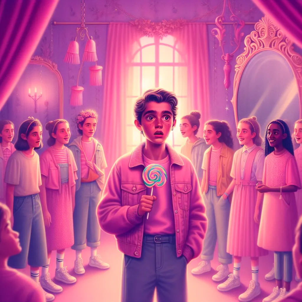 A young boy named Lucas experiences a vivid dream where he wakes up as a girl in a mysterious pink room, surrounded by other girls who look like her. Startled, he longs to return home until a familiar voice brings him back to reality. The image could capture Lucas bewildered in the pink room, dressed in a pink bikini with a plastic lollipop in hand, looking at his reflection in the mirror.