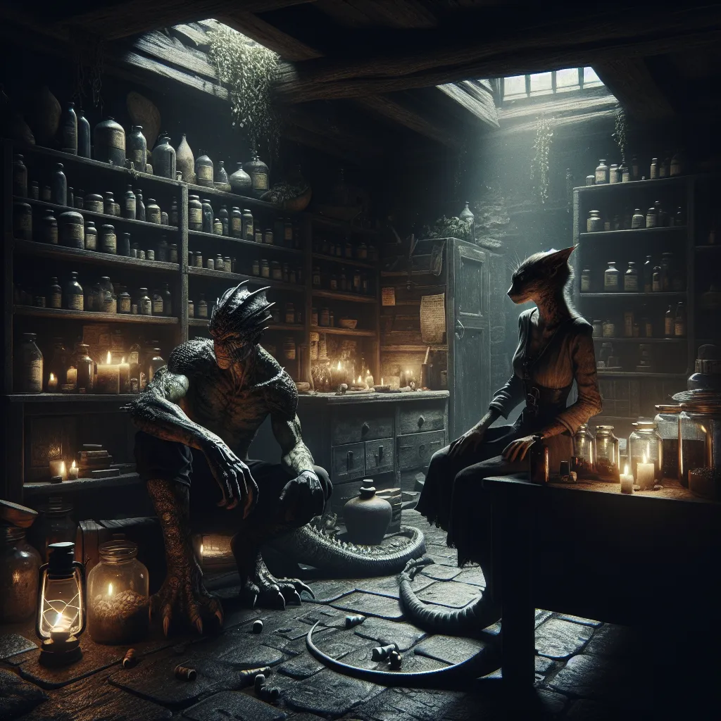 A dark, mysterious scene in an old herbal medicine shop basement where two mutants seek refuge. One is wounded and exhausted, the other vigilant and protective, as they navigate the shadows, secrecy, and a glimmer of temporary safety amidst the chaos of their world.