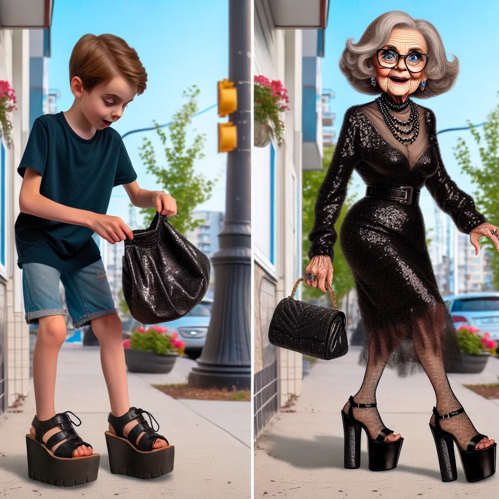 As DALLE is an AI model that generates images based on text descriptions, the following concise description can be given for the image:

"A 10-year-old boy named Michael, with light brown hair and blue eyes, finds a pair of platform sandals and a shiny black clutch bag on his way home. He accidentally puts on the sandals and carries the purse, but soon transforms into an elegant elderly woman named Beatrice, wearing a black glittery dress, platform sandals, and adorned with jewelry. Confused but