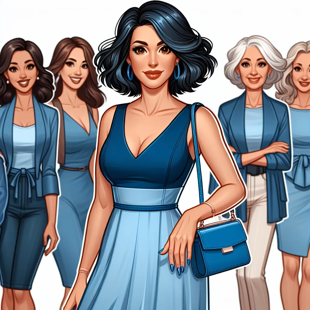 Description: An image of María Castellanos, a confident and stylish 52-year-old Hispanic woman, wearing a skimpy blue dress, strappy blue sandals, and carrying a matching blue purse. She has short black wavy hair, brown eyes, and is flaunting her polished nails. María is surrounded by her girlfriends, all dressed up and excited for a night out on the town.