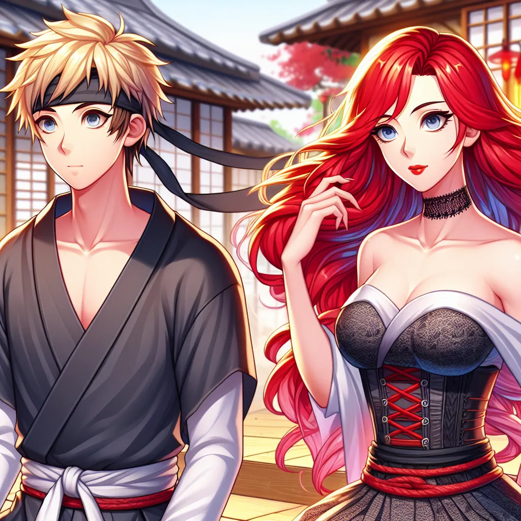 An image of Naruto Uzumaki's transformation into Naruko Uzumaki, a female ninja, taking place in the village of Konoha. Naruto's appearance changes from a young male with blonde hair to a stunning young woman with vibrant red hair, all the while experiencing confusion and a deepening sense of horror.