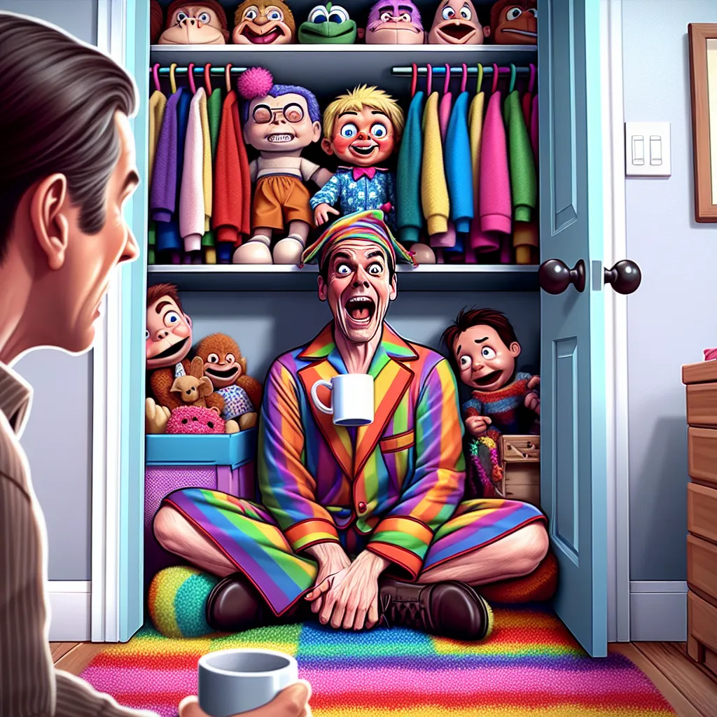 The image accompanying this story should feature Principal Armin Tamzarian sitting cross-legged on a rainbow-colored blanket in a closet, surrounded by stuffed animals. He should be wearing colorful, cartoon-emblazoned pajamas and have a glint of childish wonder in his eyes. The image should capture the mix of horror and embarrassment on his face as he looks up at a substitute art teacher who has stumbled upon his secret. The art teacher should be standing in the doorway, wide-eyed and slack-jaw