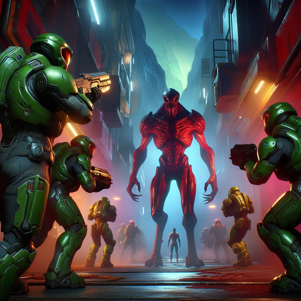 A squad of UNSC Marines, led by the iconic Master Chief, face-off against a red-skinned imp in a neon-lit alley of Hellmouth Valley. Tension mounts as the Marines prepare to fight an unexpected, demonic foe.