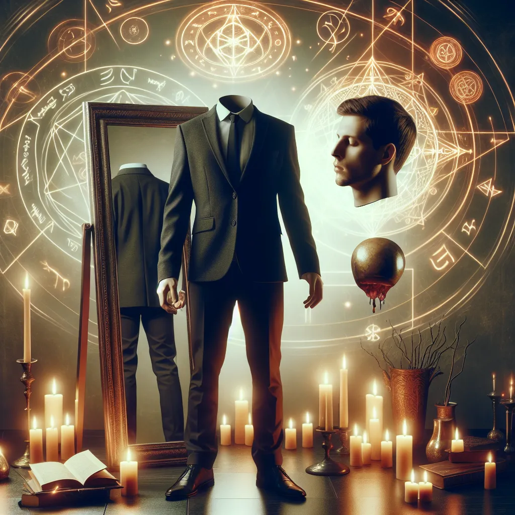 Description: The image depicts a headless man in a suit standing in front of a mirror, surrounded by mystical symbols and candles. The man's head, detached from his body, floats beside him. A sense of mystery and magic fills the scene as the man recites an incantation, preparing to transfer his consciousness and abilities to his headless body.