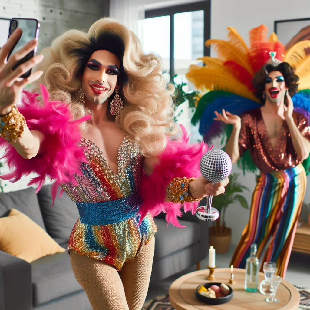 A vibrant and glamorous drag queen named Sparkle Divine, formerly known as Tommy, confidently struts across her living room in fabulous attire, preparing to post a TikTok video. She reminisces on her past life as Mark, embracing her newfound destiny with joy and flair, embodying the essence of drag queen performances. Her transformation is complete as she radiates charisma and creativity, celebrating her glamorous spirit through expressive poses and movements while recording a captivating video 