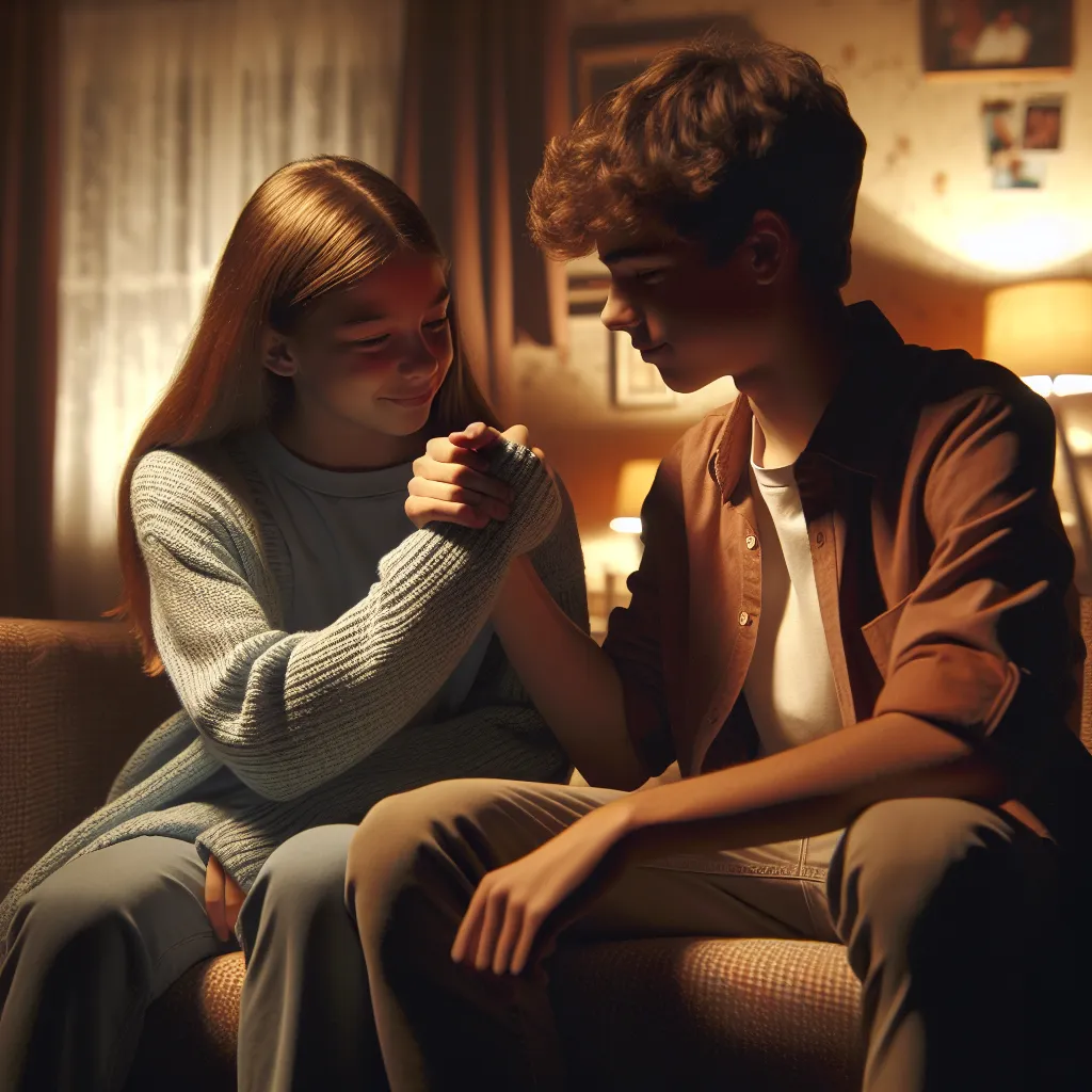 A teenage boy and girl sit together in a warmly lit living room, reminiscing about their recent adventures. The room feels charged with unspoken emotions as they express their mutual admiration and growing closeness. Slowly, they lean in and share a sweet, tentative first kiss. They giggle with joy and retreat to the boy's room, where they dance to music, their bodies finding a playful yet intimate rhythm. As the song changes to something slower, their faces draw closer, their connection and tru