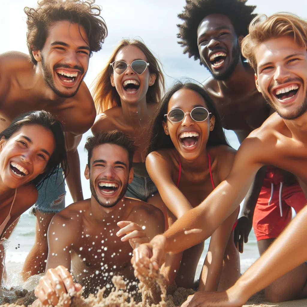 A group of diverse friends enjoying a sunny day at the beach, smiling and laughing as they splash in the water and build sand castles.