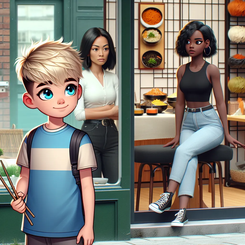 An image depicting a young boy with sandy blonde hair and bright blue eyes standing outside a salon. He is wearing a t-shirt and shorts, holding a pair of chopsticks in his hand. Inside the salon, two women, one with short, jet-black hair and the other with soft, dark waves, look on in confusion. The salon is filled with Korean decorations and a platter of Korean dishes.