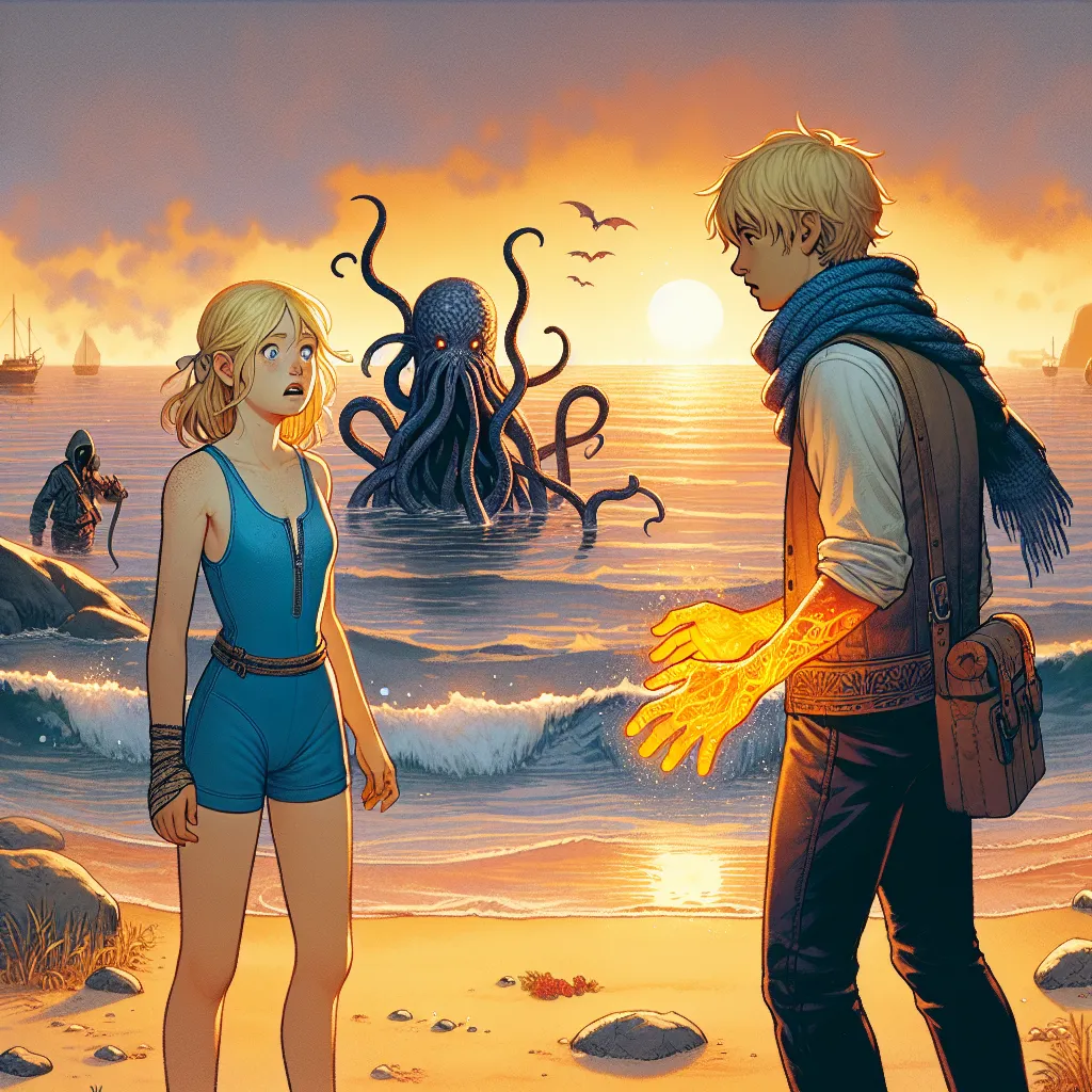 A blonde girl in a blue bikini and a boy with a scarf and open vest stand on a beach at sunset. Tentacled sea monsters emerge from the water, threatening them. The girl struggles as the monsters grab her, but the boy comes to her rescue, engulfing his hands in flames as he fights off the creatures. Back at their guild hall, the girl, now stuck in this new body, faces the challenges of fitting in and finding a way home.