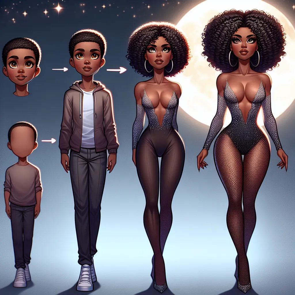 The image accompanying this story could be a digital artwork depicting a young boy transforming into a confident, beautiful, and curvaceous black woman. The transformation could show the boy's features softening, his hair growing longer and curlier, and his body taking on a feminine form. The woman would be depicted standing confidently, wearing a skimpy, glittering female costume and fishnet stockings. The image would highlight her curves, deep brown eyes, and voluminous curly hair. She would a