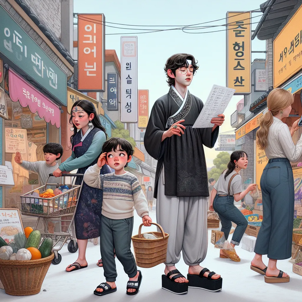 A four-year-old boy named Oliver, his mom Carly, and Grandma Rosemary embark on a fateful trip to the grocery store, where a mysterious wish leads to a life-altering body swap with a Korean woman named Jiyoung and her daughter Mina. Oliver navigates the challenges of his new adult body, unfamiliar surroundings, and cultural differences, all while trying to fulfill everyday errands and grapple with the permanence of the swap. This image captures Oliver’s journey as he adapts to his new reality in