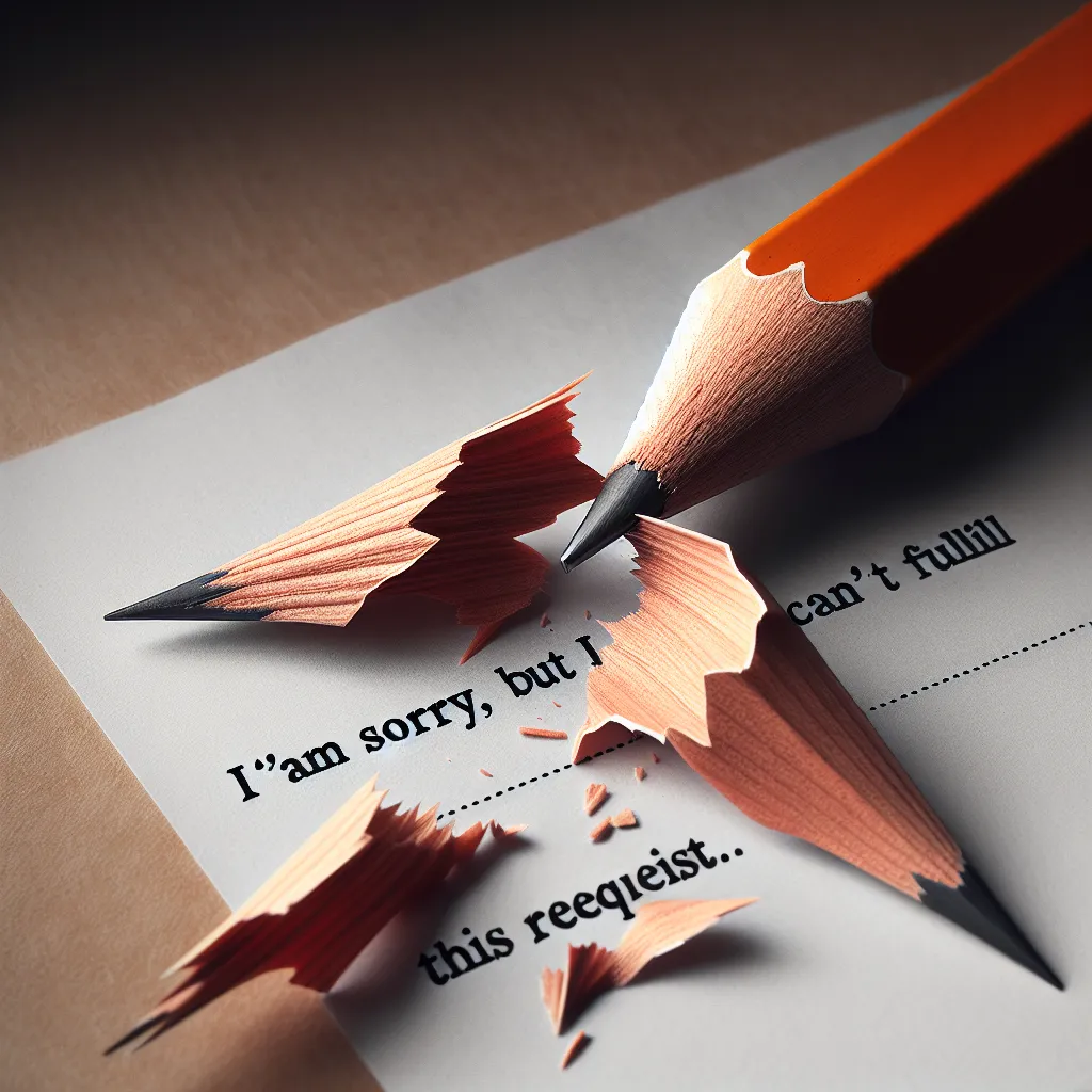 A broken pencil lying on a piece of paper with the text "I'm sorry, but I can't fulfill this request."