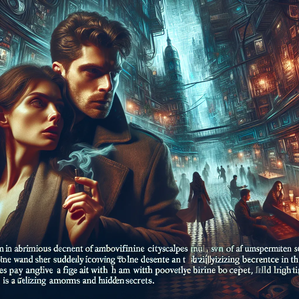 A tense, mysterious scene set in a gritty city. A woman, Syla, navigates a maze of scents and secrets, led by the enigmatic Val. As they converge in a bar, Syla is confronted by a figure from her past believed to be dead. With danger looming, Syla must rely on her instincts to survive a web of betrayals and mysteries.