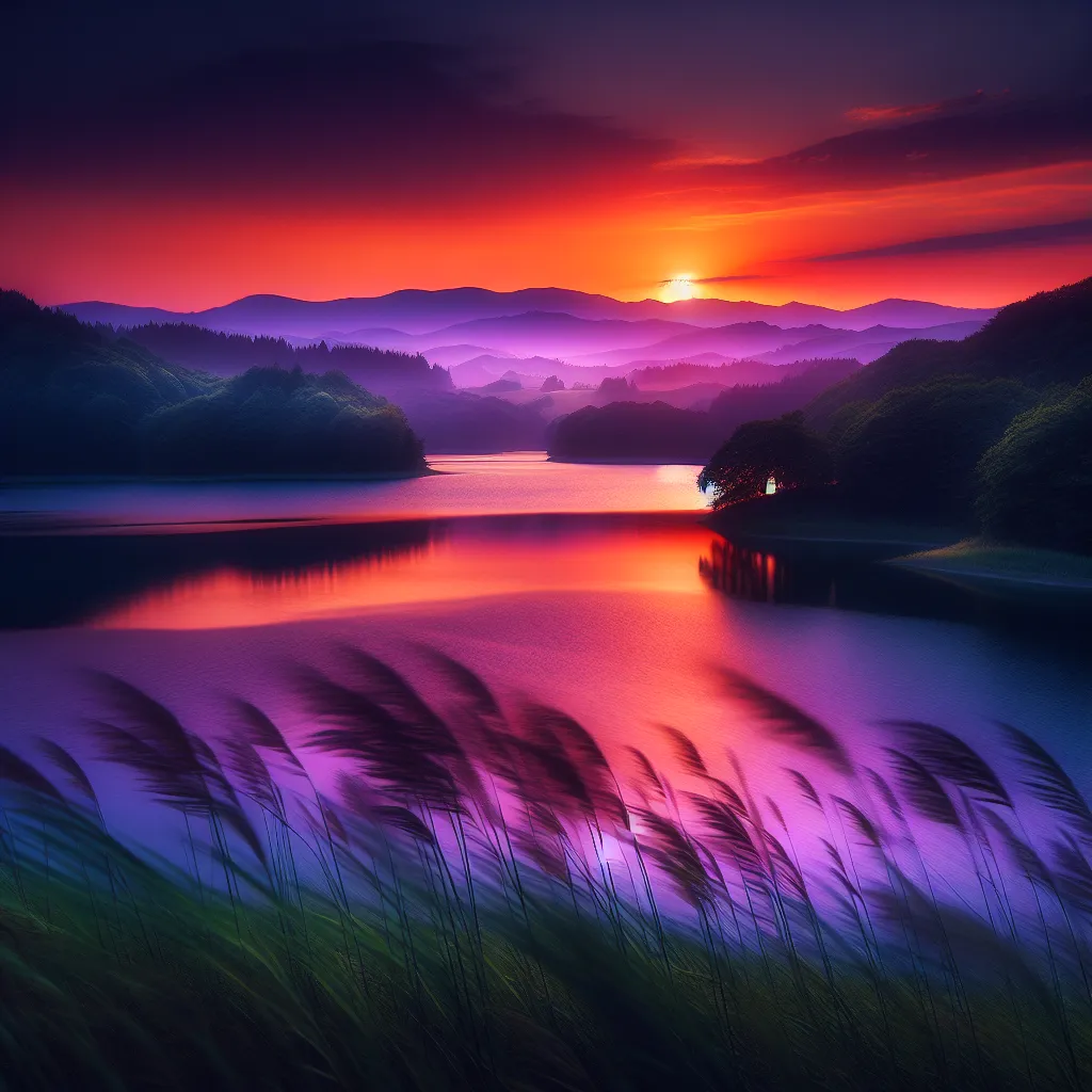 A vivid sunset over a serene lake, surrounded by lush green trees and a distant mountain range.