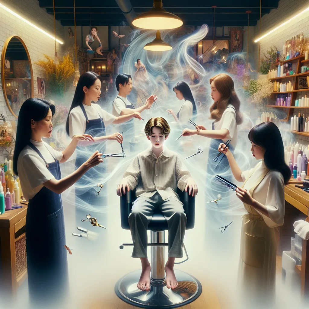 A young boy named Oliver gets a haircut at a bustling salon populated by five Korean women. During the haircut, Oliver has a mysterious experience of feeling weightless and see-through, interacting with the women in a surreal way. Afterwards, as he enjoys ice cream with his family, he reflects on the strange moments at the salon, wondering if it was a dream or real. The story captures Oliver's unique and magical salon visit in vivid detail.