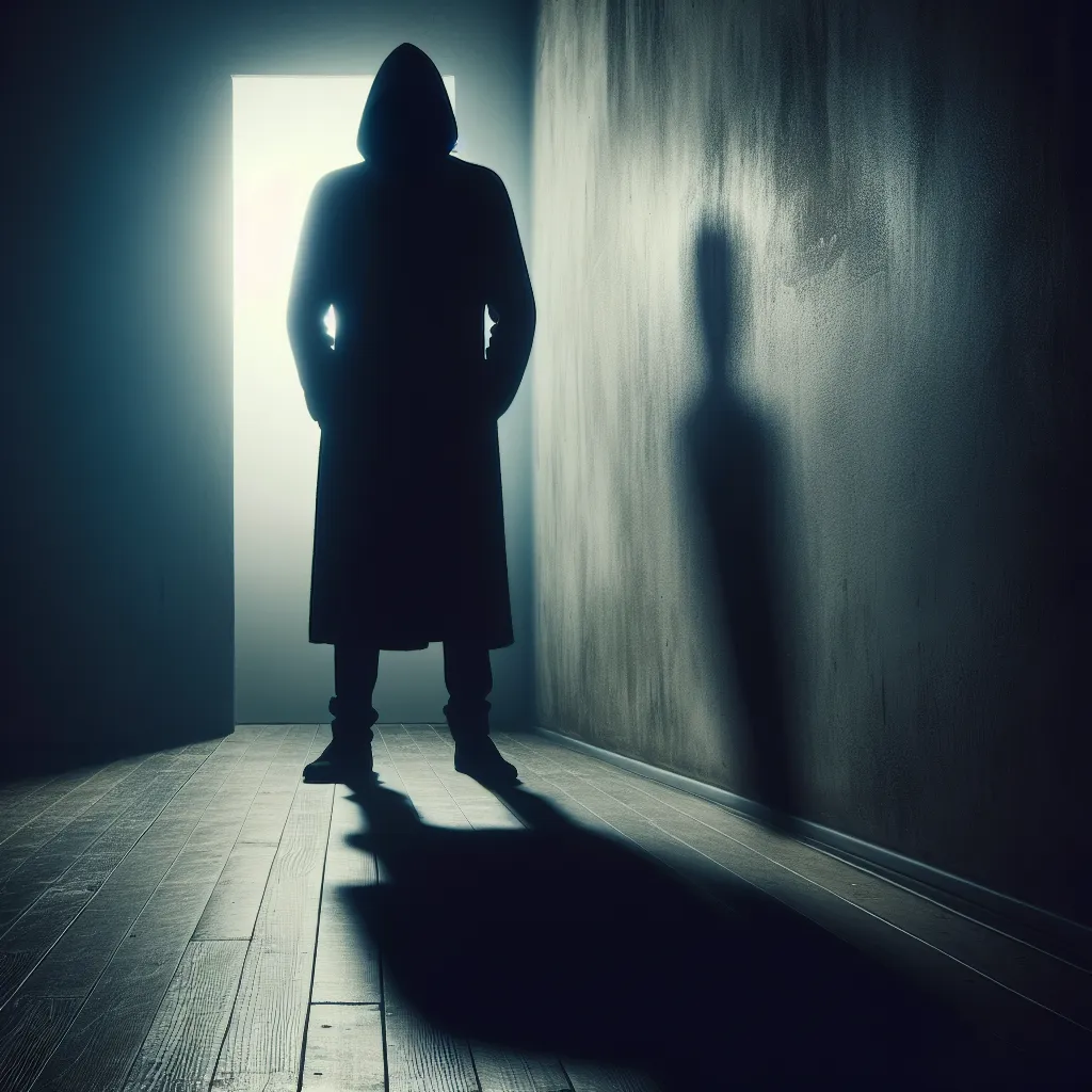 A mysterious silhouette standing alone in a dimly lit room, casting a haunting shadow on the wall.