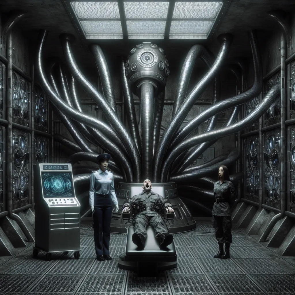 An image to accompany the story could depict a dimly-lit underground bunker, filled with rows of silver and black machinery and tubes coiling like serpents. In the center, there is a grotesque hybrid device called the "Soul Exchanger," emitting an eerie glow. At the forefront of the image, Air Chief Marshall Trevor Maloney stands before the machine, while Sergeant Yoshika Miyafuji, now in handcuffs, is being forced into the medical chair. Their desperate expressions convey the sense of betrayal 