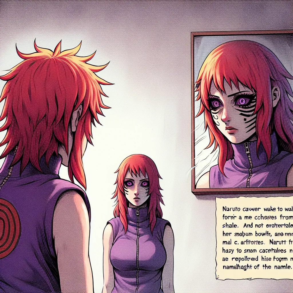 In this horror-themed image, a man named Naruto wakes up to find himself transformed into a young woman with red hair and violet eyes. Distraught, Naruto tries to hold onto his male form but is unable to resist the changes as his body transforms completely into that of a woman. As the transformation takes place, Naruto's memories of being male fade away, and she embraces her new identity as Naruko Uzumaki, a Kunoichi of Konoha. In the image, Naruko stands before a mirror, seeing her transformed 