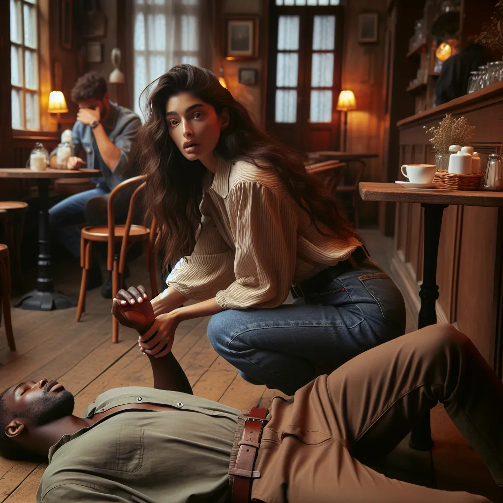 A woman watches with amusement and concern as a man's playful antics take an unexpected turn at a cozy bistro. As he collapses, she rushes to his side, her fingers trembling as she searches for a reassuring pulse in the midst of a tender and unexpected moment.