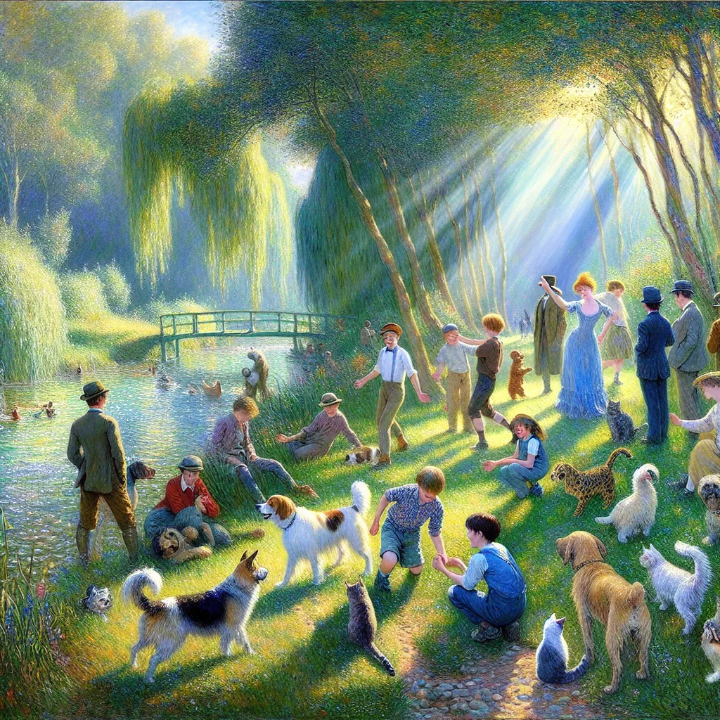 Script, Pets, Pranks, Adventure, Friendship. in the style of Monet