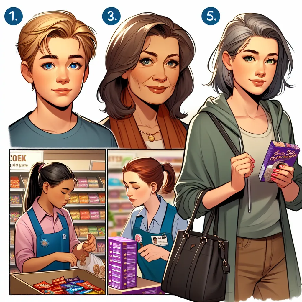 1. An image of a young boy with sandy blonde hair and a slight wave, standing at 4 feet tall, and weighing 55 pounds. He has deep, clear blue eyes and is wearing everyday clothing.
2. An image of a woman with chestnut brown hair in a shoulder-length bob. She is 5 feet 6 inches tall, weighs 140 pounds, and has warm hazel eyes. She is wearing casual clothing.
3. An image of an older woman with short gray hair styled in a gentle wave. She is 5 feet 4 inches tall, weighs 150 pounds, and has soft gre