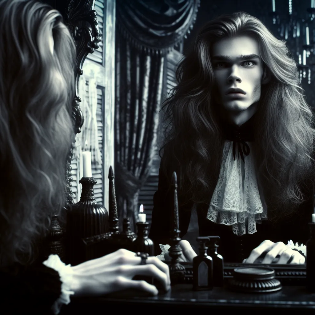 A haunting image of a young person, with long flowing hair and soft delicate features, staring into a vanity mirror with a look of terror and despair. The room around them is filled with gothic decor, reflecting a sense of darkness and supernatural power.