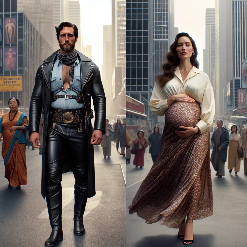 Violet Alexandria, a high-ranking official in the Matriarchal Council, walks confidently down the bustling streets of Utopia. In this society where traditional gender roles are inverted, powerful women dominate while men embody grace and elegance. Violet's strong presence is evident in her tailored leather jacket, while Dominik Selene, a man dressed in a flowing satin blouse and skirt, cradles his pregnant belly with pride. The image displays the contrasting attire and roles of the two individua