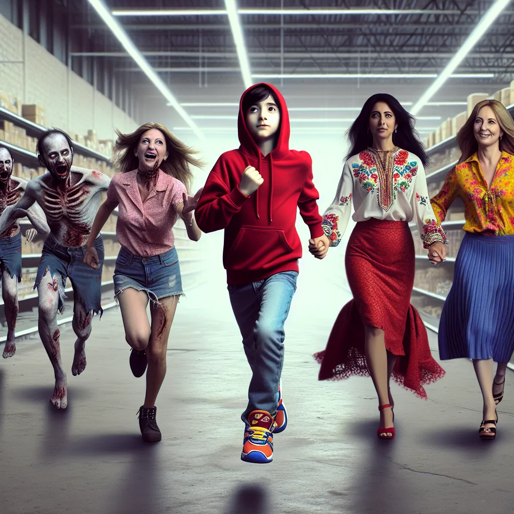 An image of a young boy in a red hoodie, blue jeans, and superhero sneakers running alongside his mother in a deserted supermarket. They are being chased by zombies. In another scene, a group of Russian women in bright blouses, knee-length skirts, and platform sandals are guiding the boy, who has transformed into a girl. The image captures the confusion and fear of the boy-turned-girl, as well as the determination of the women to help her.