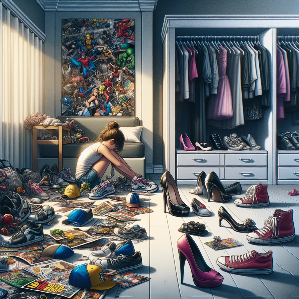 An image depicting a young girl wearing sneakers, surrounded by comic books, baseball caps, and action figures in a messy room. In contrast, an elegant, organized closet filled with high-heeled shoes, dresses, and handbags can be seen adjacent to the girl's room.