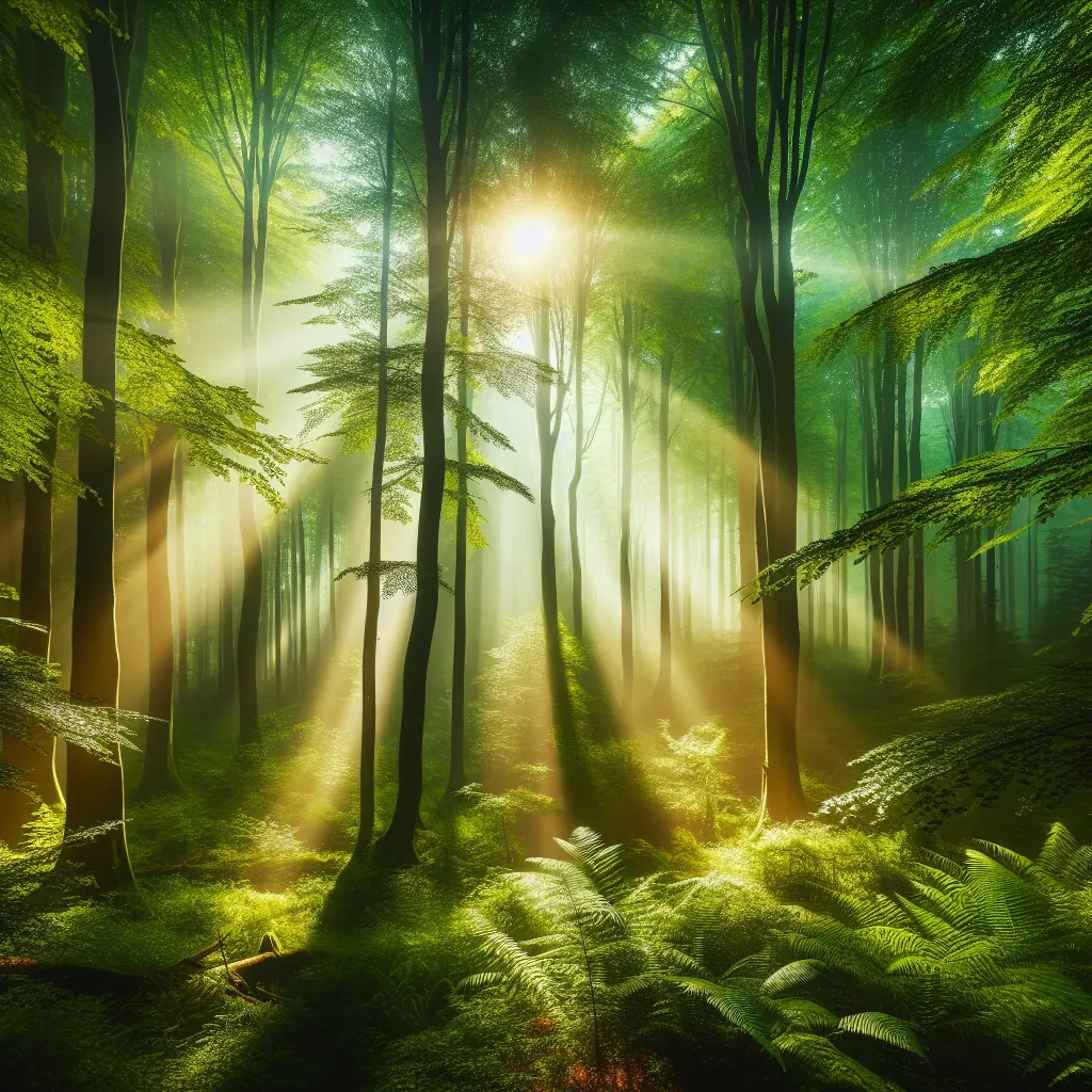 A captivating image of a lush green forest with sunlight filtering through the trees, creating a peaceful and serene atmosphere.