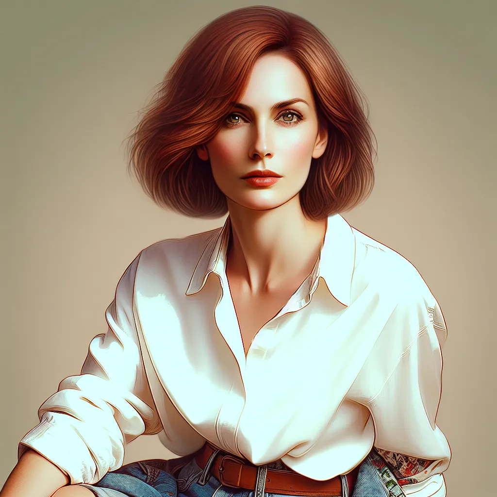 An image showing a woman, Linda Matthews, in her mid-40s. She has auburn hair styled in a medium-length bob, deep green eyes, and a mature, refined face. She is wearing a white blouse and knee-length denim shorts. Linda appears thoughtful and reflective, conveying a sense of mystery and the possibility of a hidden past.