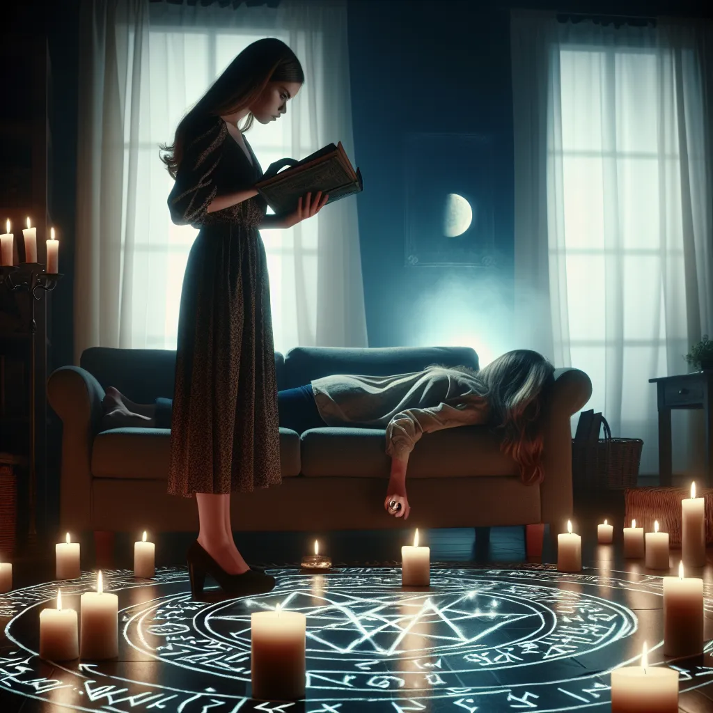 A young woman stands over her friend lying unconscious on a couch, surrounded by a dimly lit room with candles and ancient runes. The full moon casts an eerie glow as she prepares to cast a forbidden spell that will transform her friend into her desired female roommate.