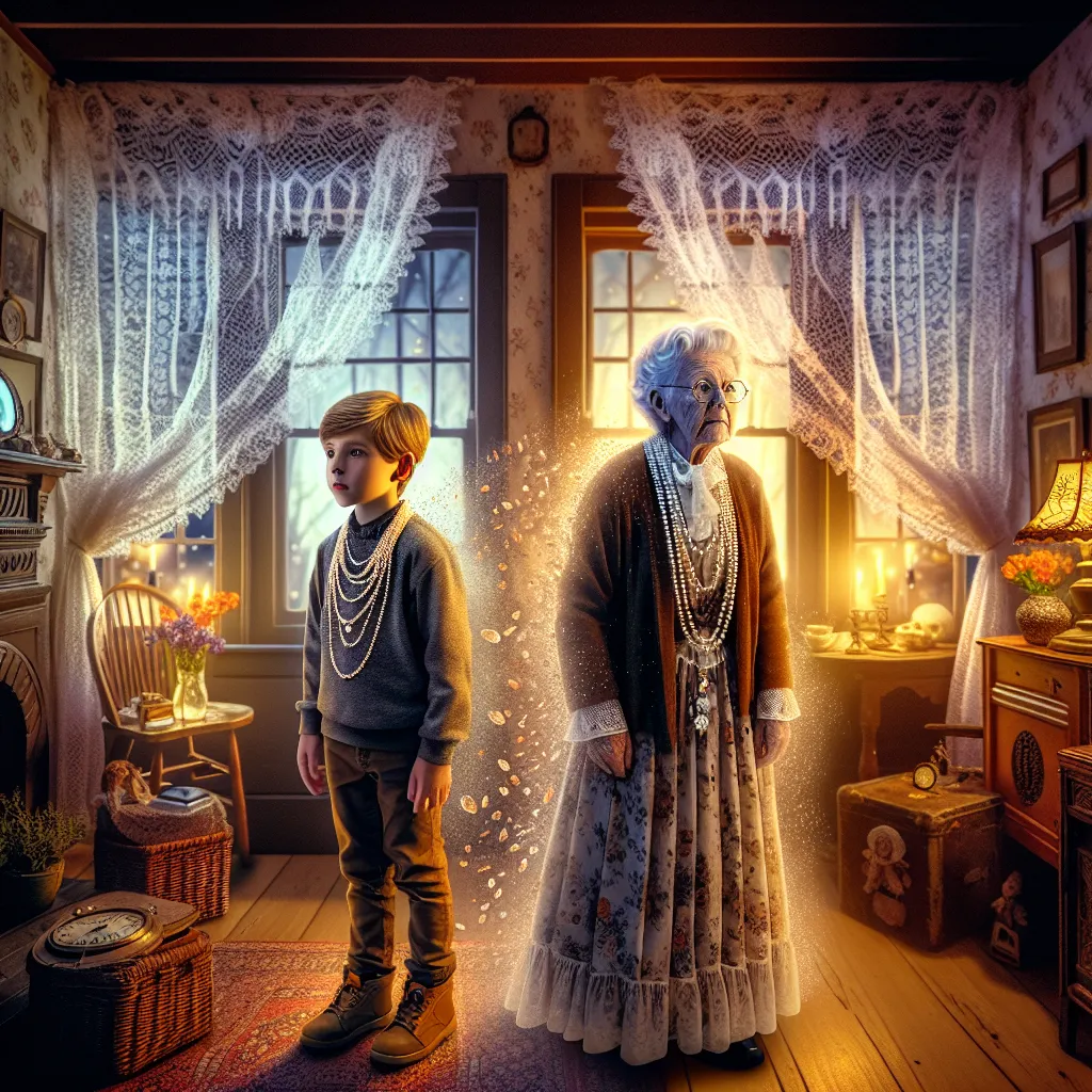 Transformation story from a young boy named Owen into his grandmother, Jeanette, as he inadvertently dons her jewelry and outfit in the night.