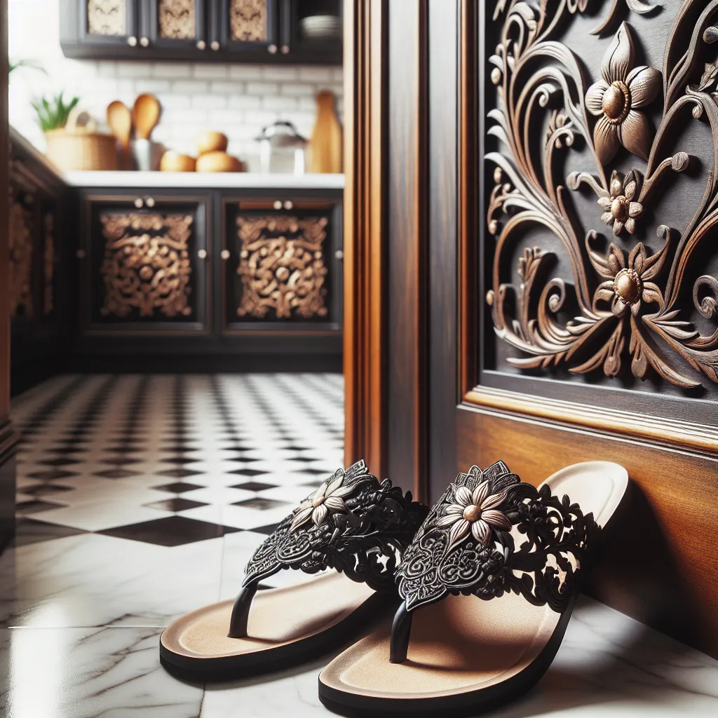 An image of a pair of elegant black flip flops with delicate floral patterns, sitting by a kitchen entrance.