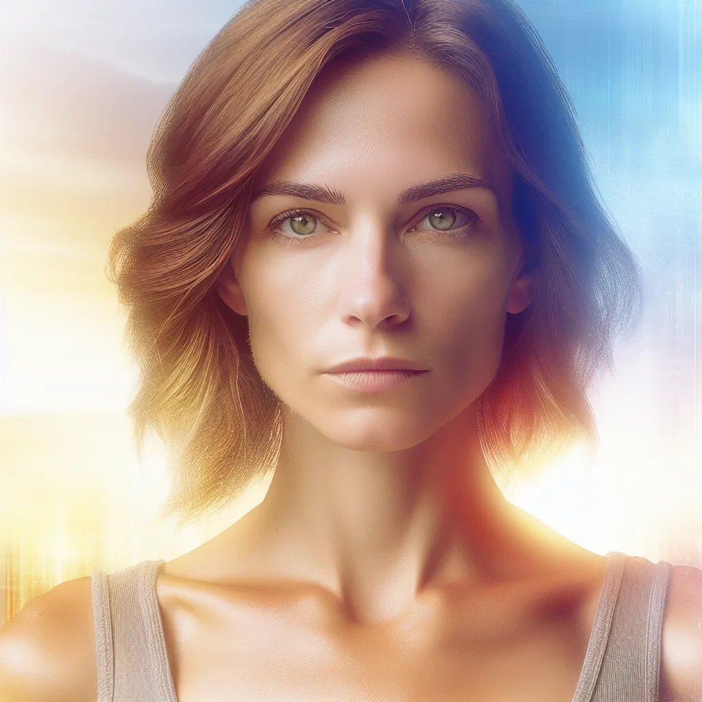 DALLE, please generate an image of a woman named Jennifer who is strong and resilient, with a determined expression on her face. She has brown hair styled in loose waves, green eyes, and she is wearing a tank top. The background should be bright and vibrant, reflecting a sense of hope and new beginnings.