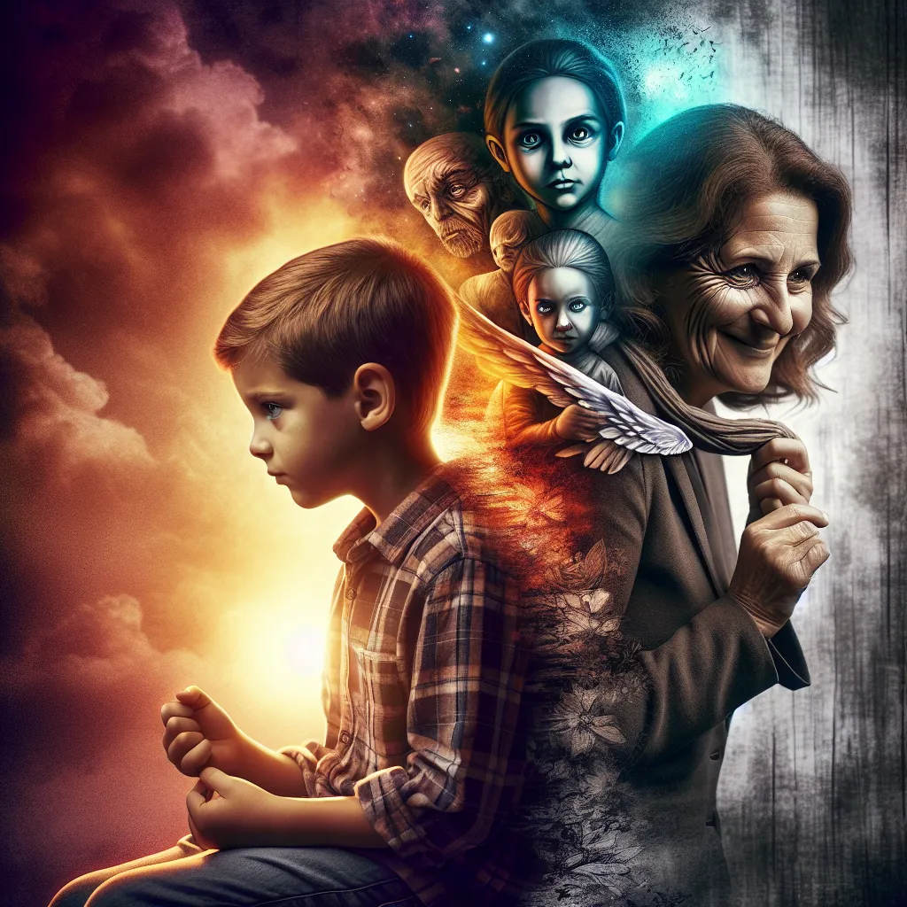 A contrasted image of a young boy named Timmy and an older woman named Linda, portraying the transformation from innocence to deceit, with a hint of redemption.