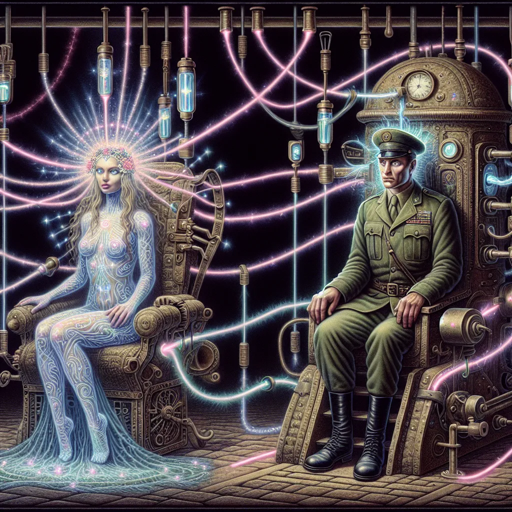 An image of a witch and a soldier locked in a soul-swapping machine, with glowing tubes and needles, as they undergo an excruciating transformation. The witch, Yoshika, struggles against the burly soldiers holding her down, while the soldier, Trevor, reclines with an eager smirk. Chains of ethereal energy snake from the machine towards the two chairs, as their souls are forcibly swapped. Yoshika's body transforms, now housing Trevor's soul, while Trevor, in Yoshika's body, grapples with the diff