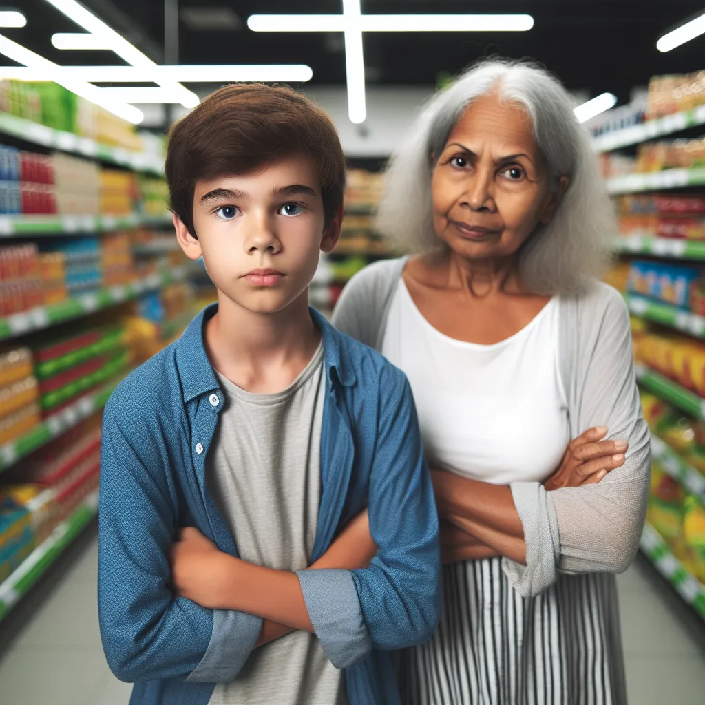 An image of a young boy and an older woman standing in a grocery store aisle, with the boy appearing confused and the woman looking determined.