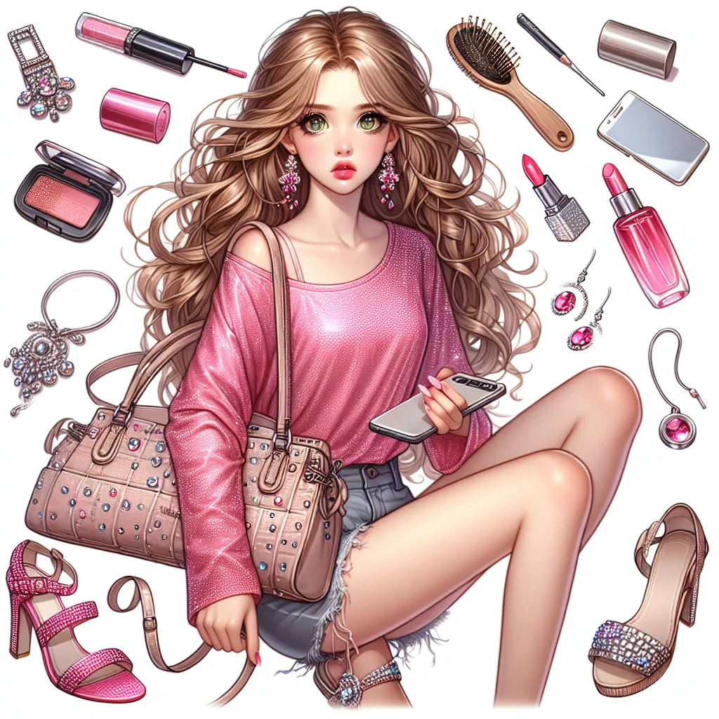 Image description: The image features a young girl named Jessica, who is now 18 years old. She has long, wavy blonde hair, green eyes, and is wearing a pink, sparkly crop top, skimpy shorts, and open-faced sandals with shiny rhinestones. In her hand, she holds a phone, and scattered around her are accessories: a hairbrush, tube of bright red lipstick, compact mirror, dangling earrings, and a small bottle of perfume. She looks worried as she clutches her purse tightly and watches her feet while w