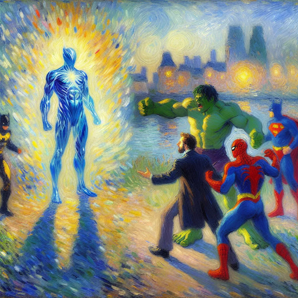 Transformation, Identity, Superheroes, Villain, Confrontation in the style of Monet