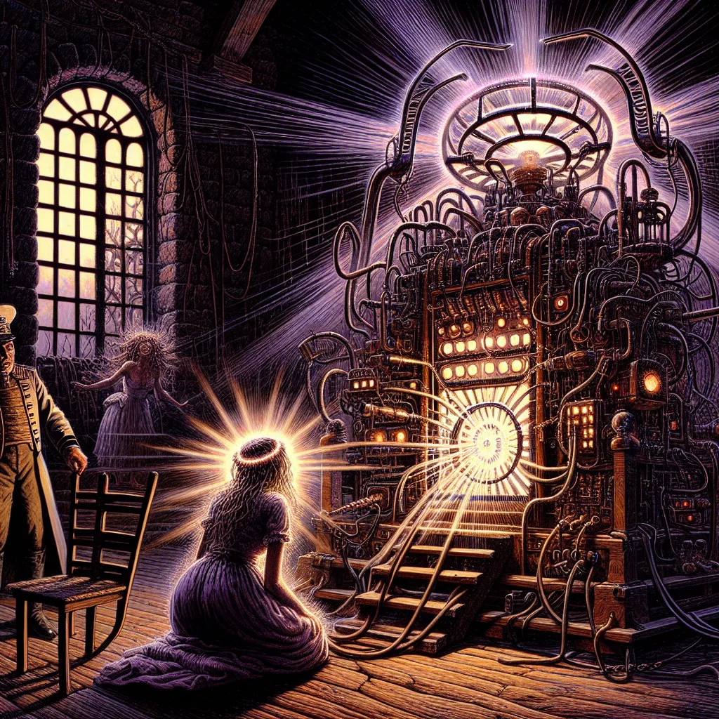 In the image, a dimly lit room is revealed, housing a monstrous device known as the "Soul Exchanger." The device's intricate wires and intricate metal framework hum with forbidden power as Air Chief Marshall Trevor Maloney, filled with a deep-seated grudge, prepares to use it. Bound to a chair opposite him is Francesca Lucchini, a young and reckless witch. Her eyes reflect confusion and defiance as she struggles against the restraints. The image captures the tense moment just before the machine 