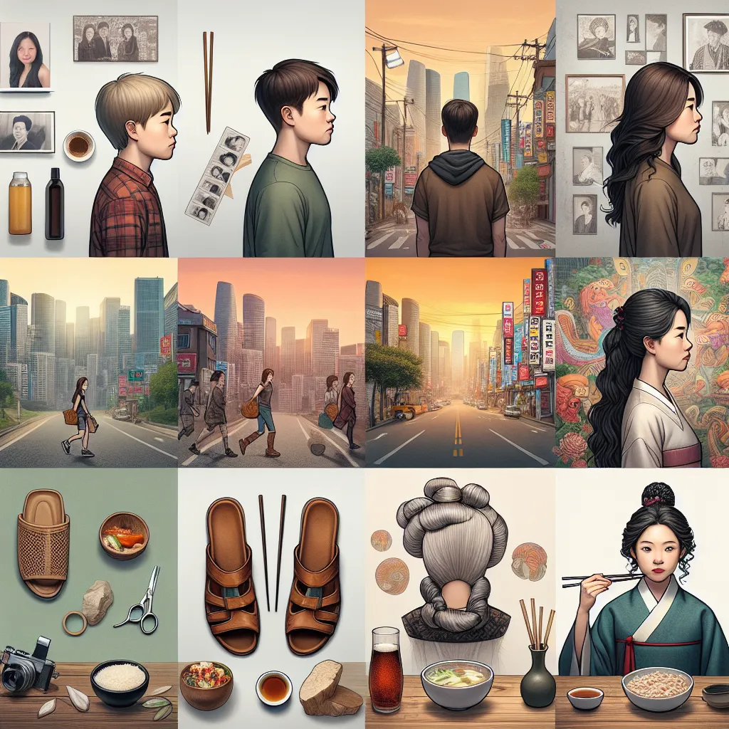 A collage of diverse images representing the story of Ethan Wallace, a young boy who becomes Ji-woo Kim, a stylist living in Seoul. The image captures the transformation from a little boy to a mature woman, the vibrant city of Seoul, the salon, bowls of Korean food, chopsticks, sandals, and the essence of dual identities intertwined.