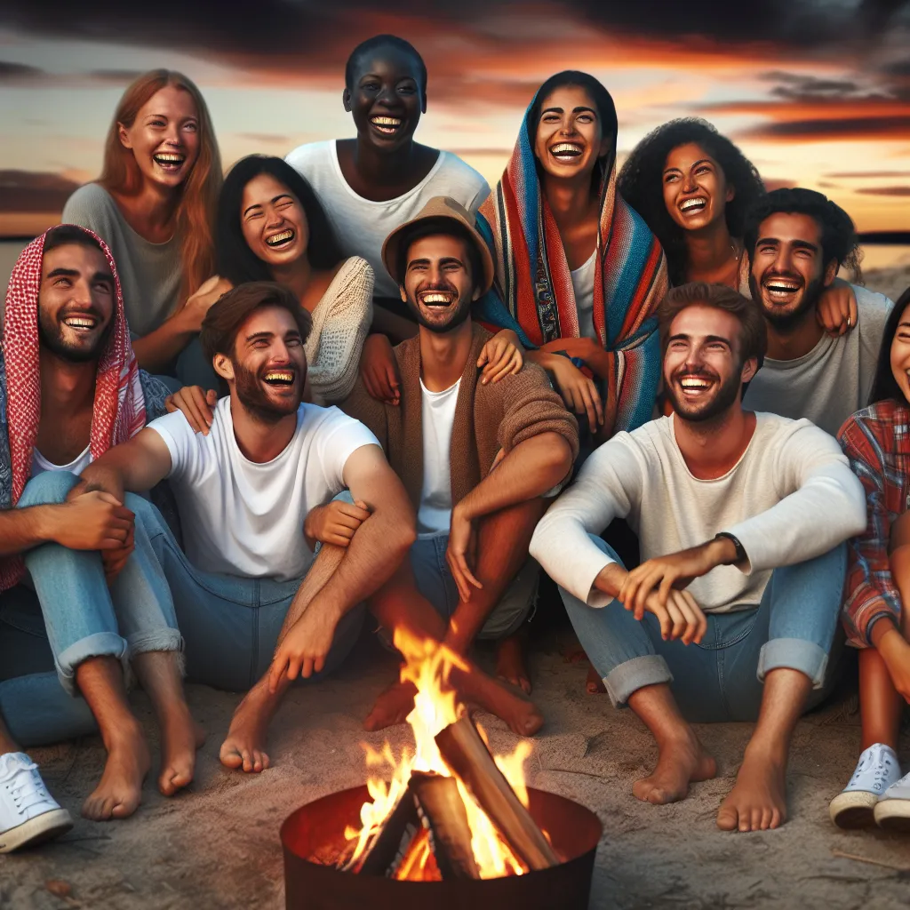 Description: A group of diverse friends sitting around a bonfire, laughing and enjoying a summer evening together.