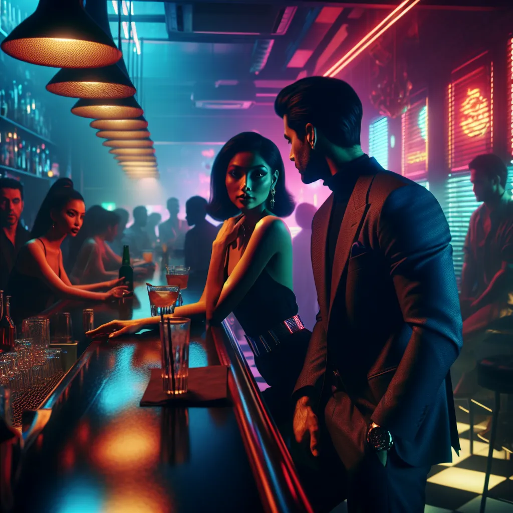 A mysterious scene in a crowded club, where a bartender named Lina catches the eye of a stranger among familiar faces. Shadows and neon lights set the stage for a suspenseful night unfolding in this gripping tale of intrigue and unspoken secrets.