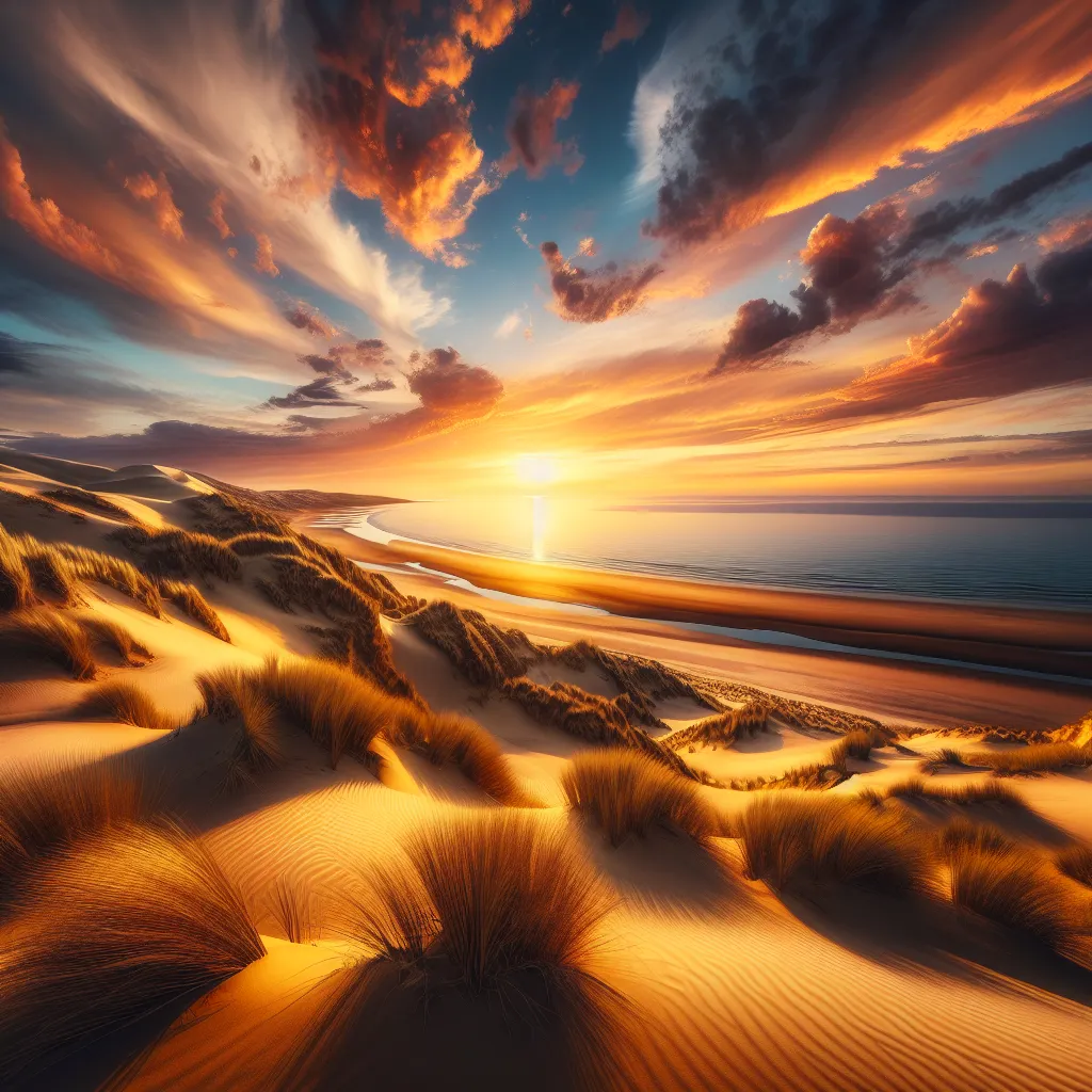 A serene coastal landscape with golden sand dunes stretching towards a tranquil sea under a beautifully painted sunset sky.