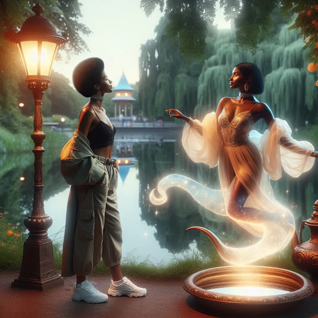 An image of a person, transformed by a wish, standing before an ancient, ornate lamp in a park, with a shimmering, ethereal genie emerging from it. The person's reflection in a nearby pond shows a stunningly beautiful woman, exuding confidence and embracing her new identity.