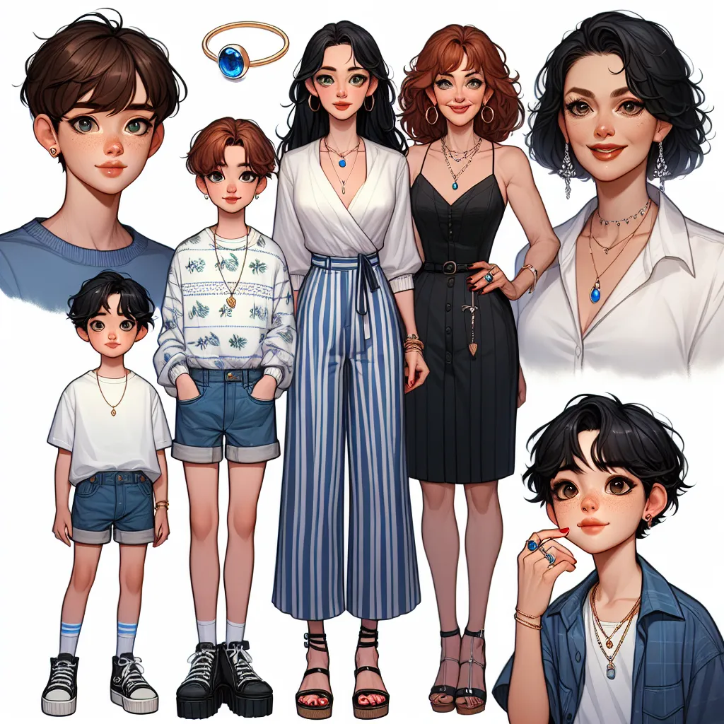 A young boy named Tim, who is short for his age, stands at 3 feet 8 inches tall and weighs 50 pounds. He has short and neat light brown hair, with blue eyes. Tim's mother, Lisa, is taller and has long, wavy black hair and green eyes. Tim's grandma, Rose, is shorter, has curly red hair, and brown eyes. Tim goes to a Korean barber named Sun, who is shorter than Tim's grandma and has black hair in a pixie cut, along with dark brown eyes. Sun is wearing a white blouse with blue stripes and cute dark